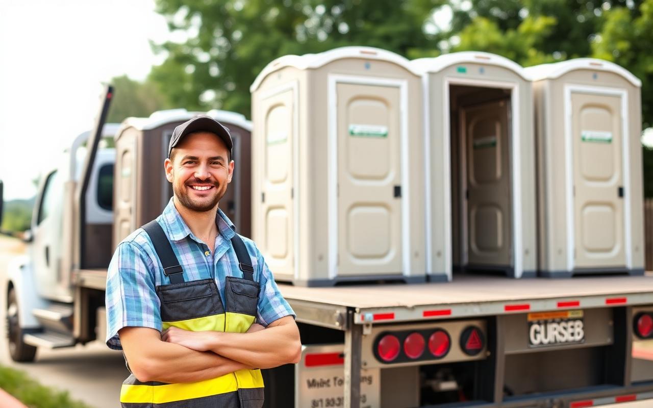 Driver next to a flatbed of portable toilets